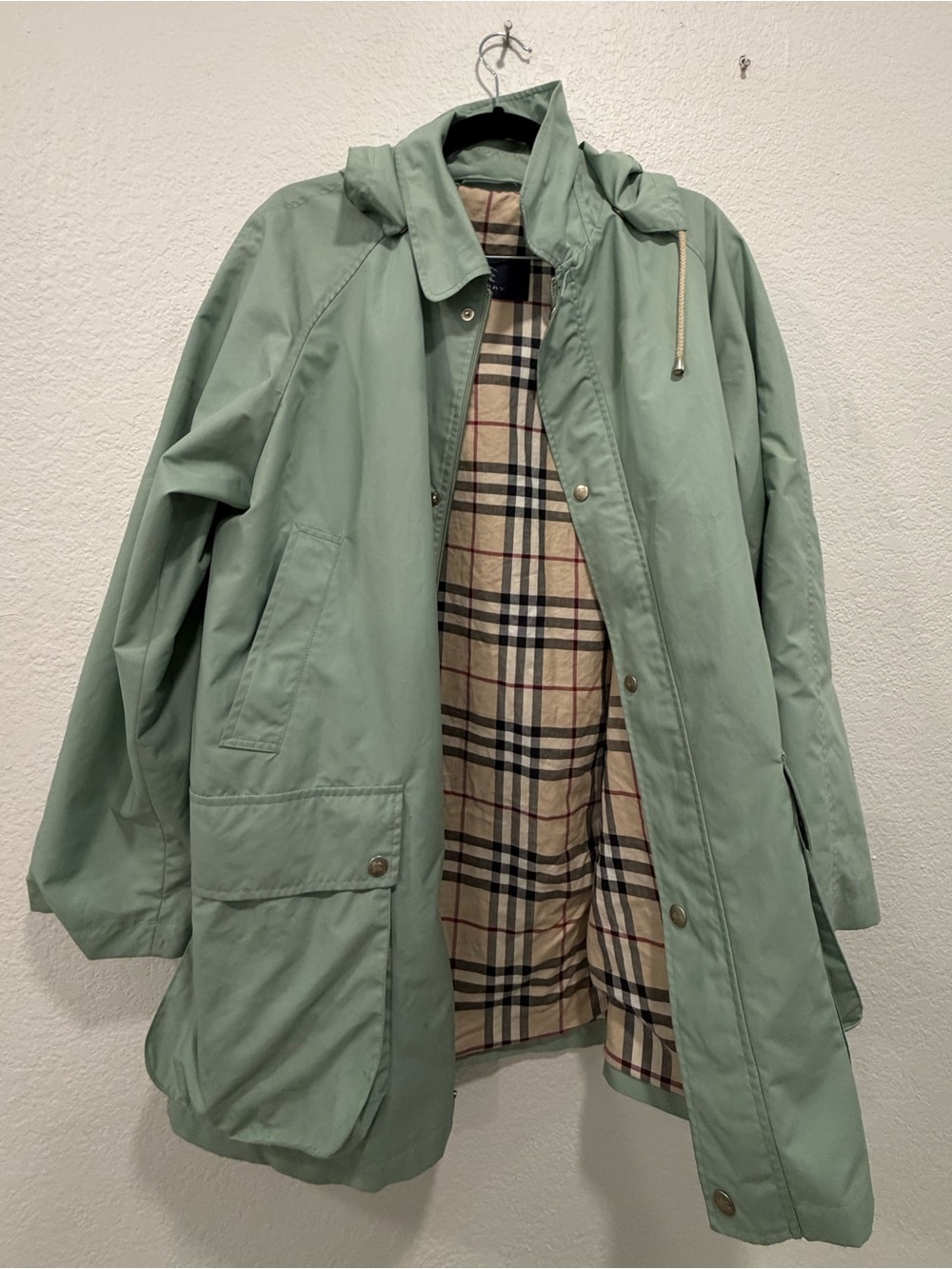 Burberry Mint Green Hooded Raincoat with Signature Check Lining